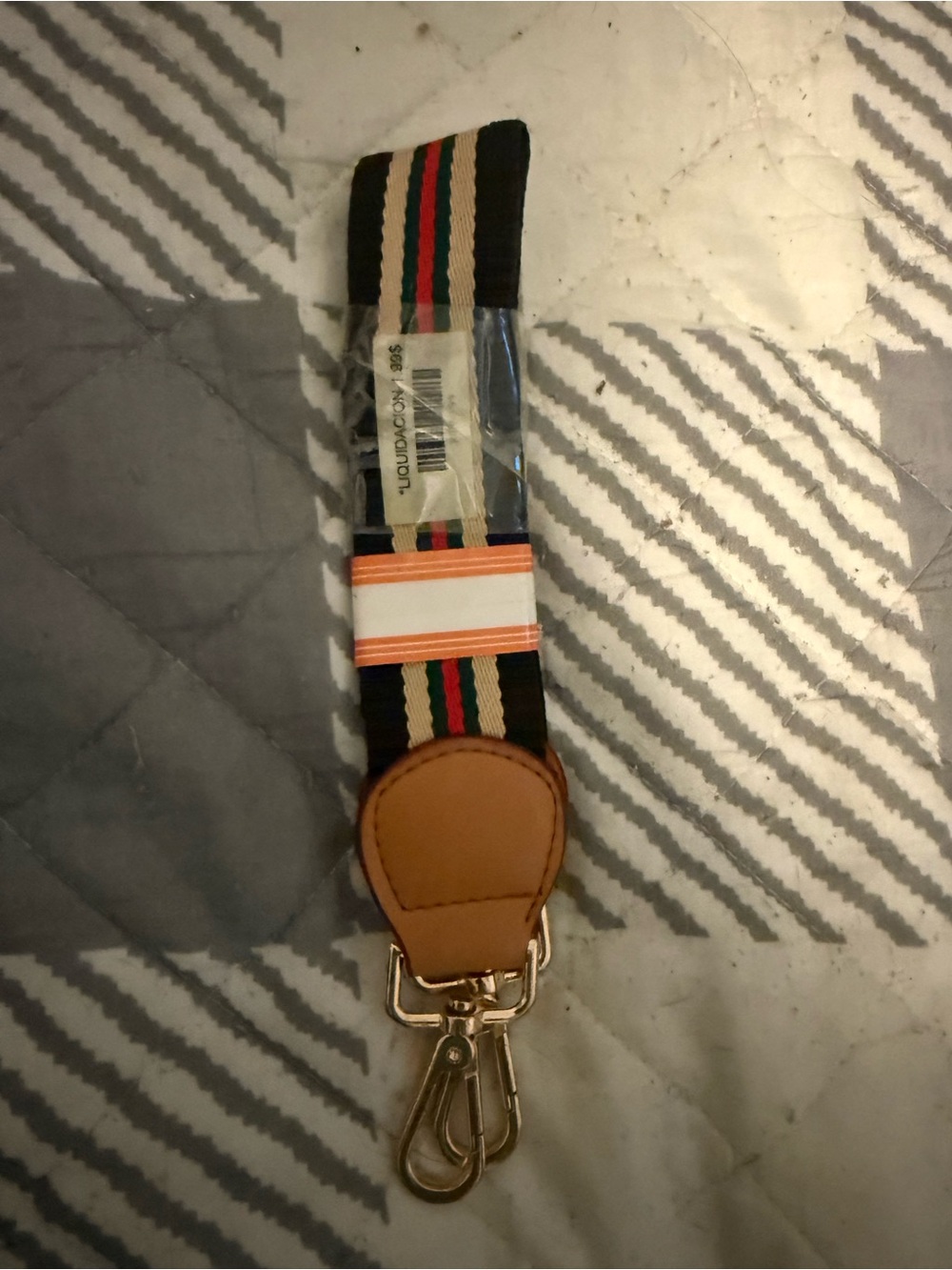Striped Brown crossbody strap with Tan Leather Accent